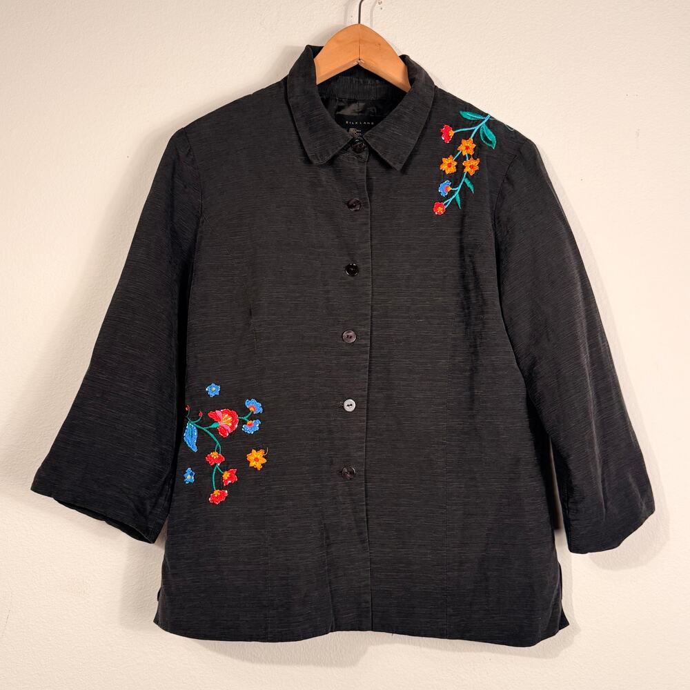 Silkland Black Silk Floral Embroidered Beaded Jacket Size Large